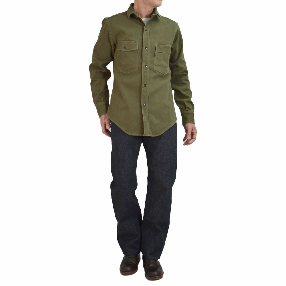 フリーホイーラーズ (FREEWHEELERS) -Gemsa- WORK SHIRT 1930s STYLE WORK SHIRT Original Cotton Hard Twist Kersey KHAKI OLIVE 長袖ワークシャツ メカニックシャツ 2533001