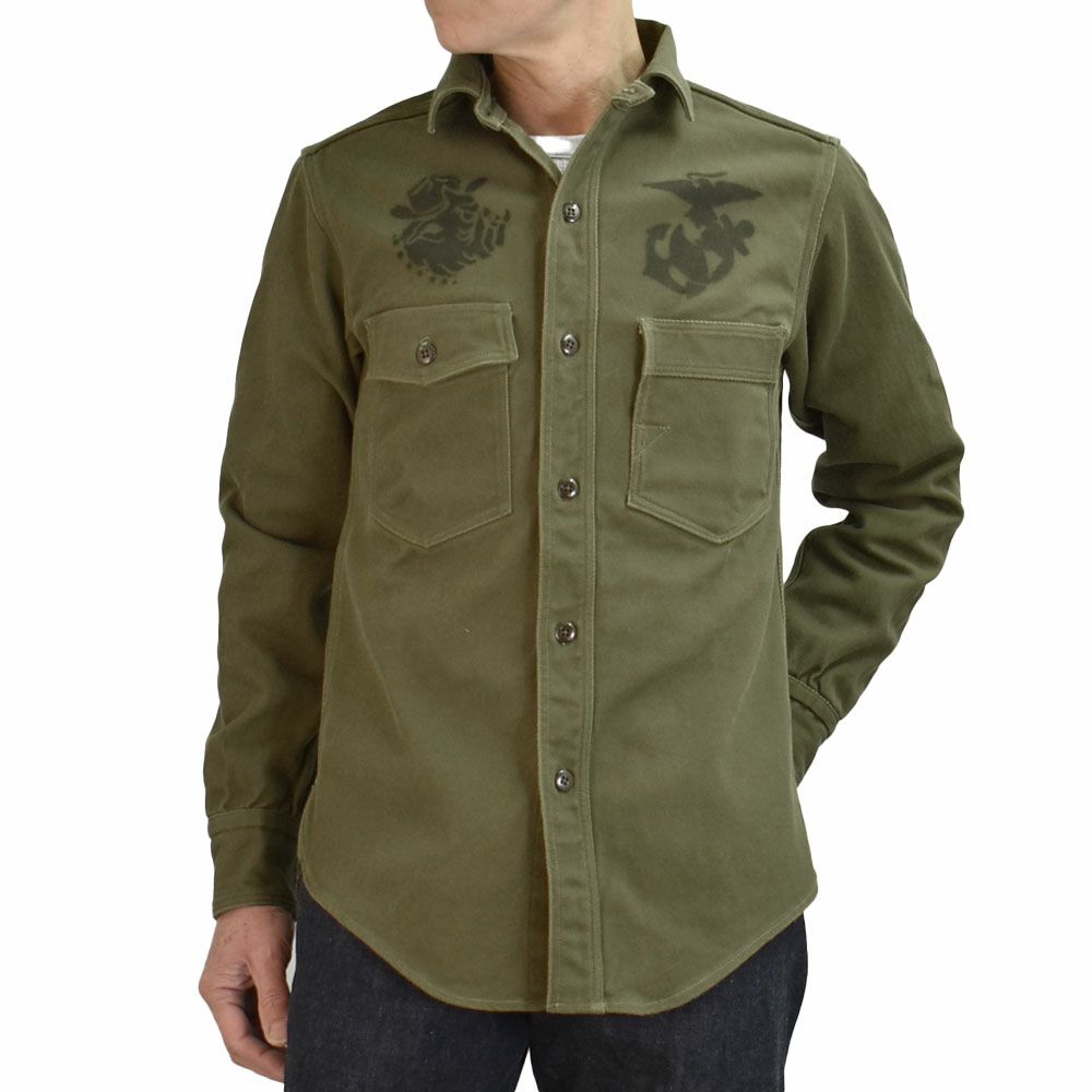 フリーホイーラーズ(FREEWHEELERS)1944 U.S.M.C Marine Scout Bombing SQ932 -TEUFELHUND- Gemsa 1940s MILITARY CUSTOM SHIRT Original Cotton Hard Twist Kersey KHAKI OLIVE 長袖ワークシャツ メカニックシャツ カスタム 2533002